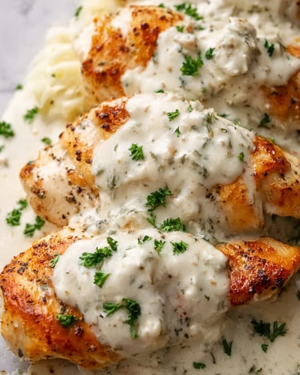 A close-up image shows four pieces of golden-brown baked chicken breasts partially covered with a thick, creamy white sauce that looks smooth with small herb bits mixed inside. The sauce covers the middle parts of the chicken while the edges reveal the baked, slightly crispy texture. Small green parsley leaves are sprinkled evenly on top, adding a fresh touch and bright spots of green. The dish is set against a white marbled surface, enhancing the creamy sauce and the warm tones of the chicken. Photo taken with an iphone --ar 4:5 --v 7