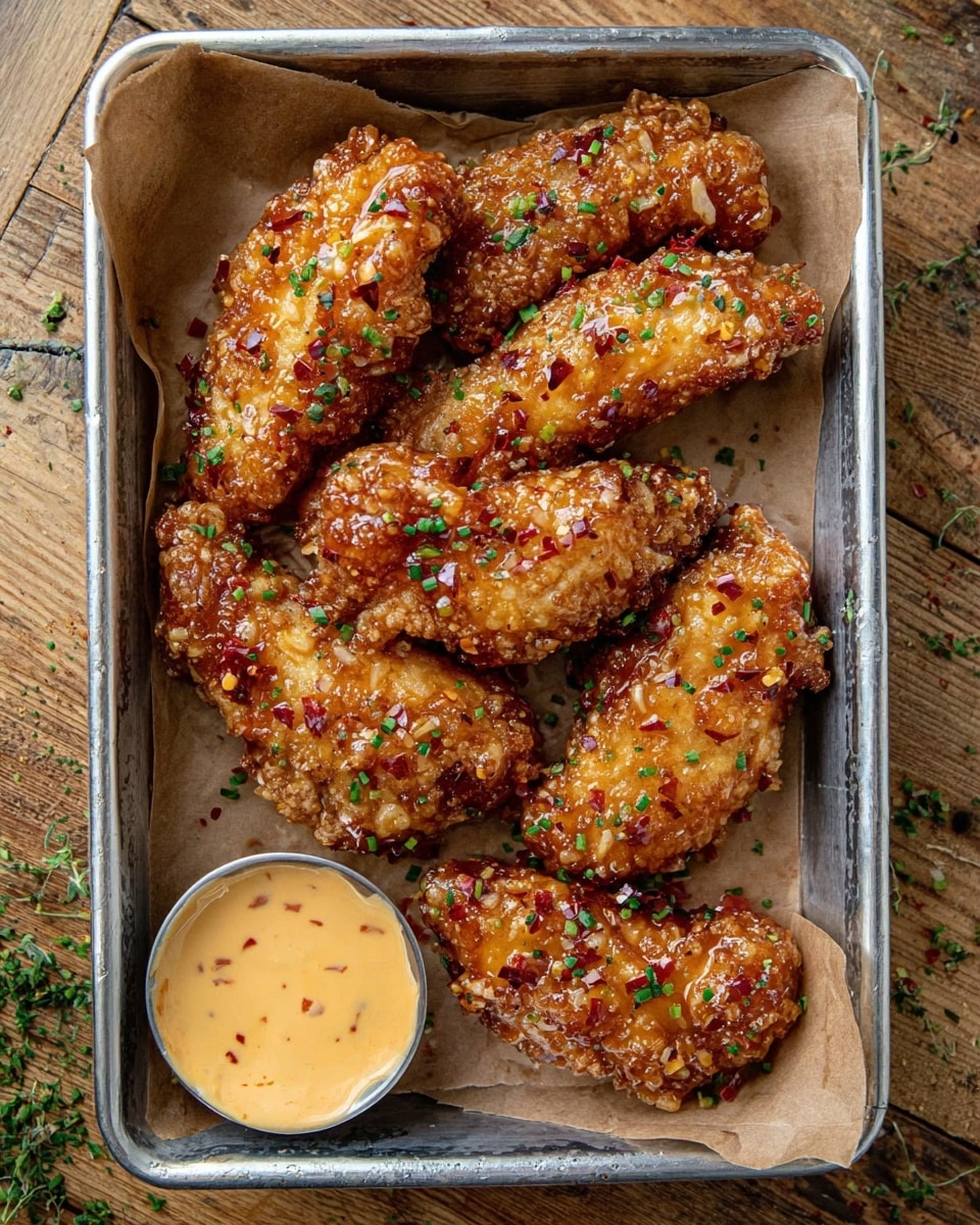 The image shows six pieces of golden-brown crispy chicken tenders arranged in layers on a metal tray lined with parchment paper. Each tender is coated in a shiny glaze with visible bits of red chili, giving a sticky and flavorful look. The chicken pieces are sprinkled with chopped green herbs, adding color contrast. At the lower left corner of the tray, there is a small white bowl filled with light orange dipping sauce that has red spicy flecks. The tray is placed on a white marbled textured surface with a dark cloth visible on the right side. photo taken with an iphone --ar 4:5 --v 7