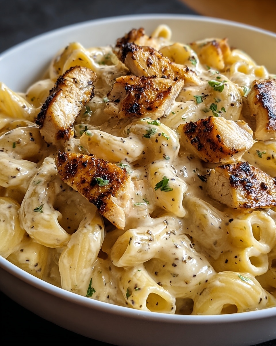 A close-up view of creamy pasta with pieces of golden-brown grilled chicken mixed in. The pasta is short and tube-shaped with a pale yellow color, fully coated in a thick, smooth white sauce speckled with black pepper and small green herb bits. The chicken chunks are irregular, with charred edges giving a crispy texture on top of the soft creamy base. The dish is served in a white bowl, resting on a white marbled surface. photo taken with an iphone --ar 4:5 --v 7