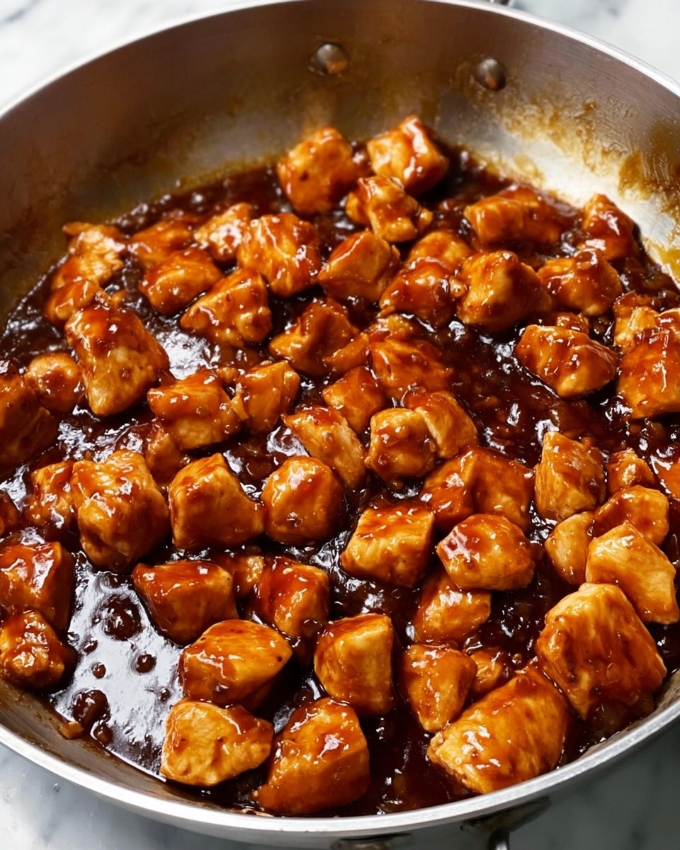 The image shows a close-up of a pan filled with many small, cubed pieces of chicken covered in a thick, shiny dark brown sauce. The chicken chunks are golden brown in some parts and appear tender and juicy. The sauce looks rich and glossy, pooling around the chicken at the bottom of the pan, enhancing its appetizing look. The pan itself is metallic with stains on the sides, highlighting the cooking process. The background is a white marbled texture. photo taken with an iphone --ar 4:5 --v 7
