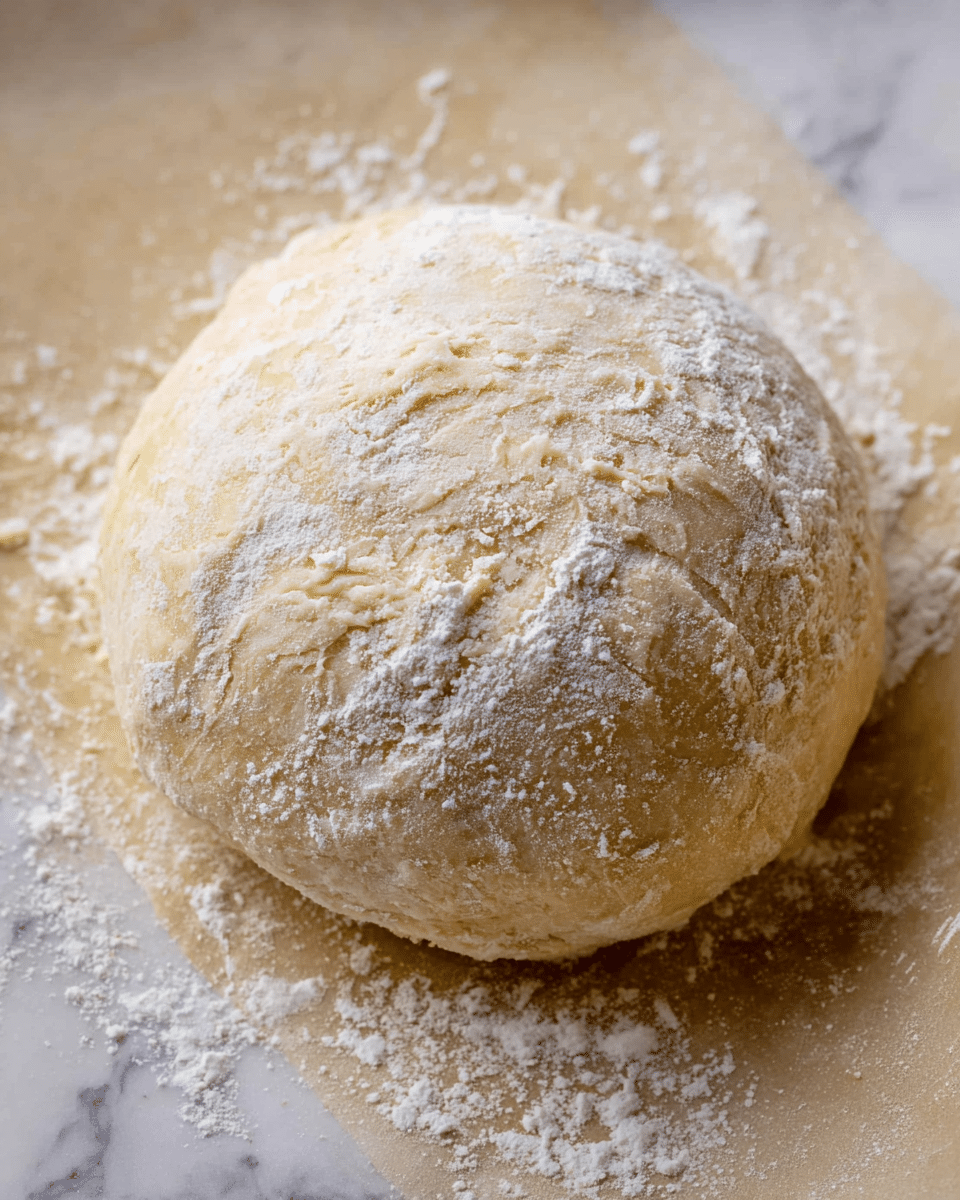 A round ball of dough with a light beige color is dusted with white flour, resting on parchment paper. The dough surface looks soft and slightly uneven with visible flour patches scattered on and around it. The background shows a white marbled texture underneath the parchment paper, creating a clean and simple setting. Photo taken with an iphone --ar 4:5 --v 7
