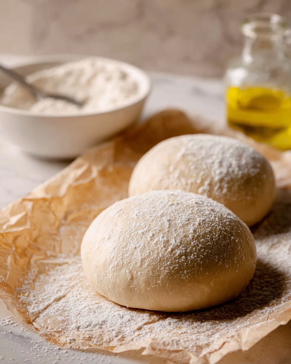 Two round, smooth dough balls sit side by side on crinkled parchment paper, dusted with white flour that spreads around them. The dough is pale beige with a soft, slightly shiny texture. In the background, a white bowl holds more flour with a spoon resting inside it, and a clear glass jar contains a yellow liquid, likely olive oil. The setting is on a white marbled surface with soft, warm light giving the scene a calm, clean feeling. photo taken with an iphone --ar 4:5 --v 7