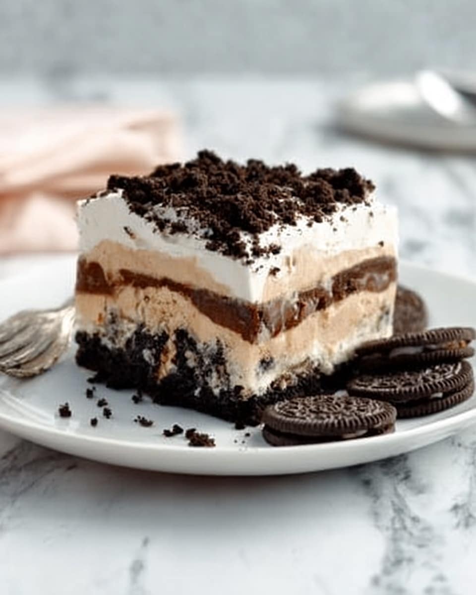 A square slice of layered dessert sits on a white plate, showing four distinct layers. The bottom layer is dark and crumbly, resembling crushed cookies. Above that is a thick creamy beige layer, topped with a lighter, whipped white layer. The top is covered with dark, crushed cookie crumbs spread unevenly. Two whole dark cookies rest beside the slice on the plate. The plate and dessert are placed on a white marbled surface, with a silver fork visible in the background. Photo taken with an iphone --ar 4:5 --v 7