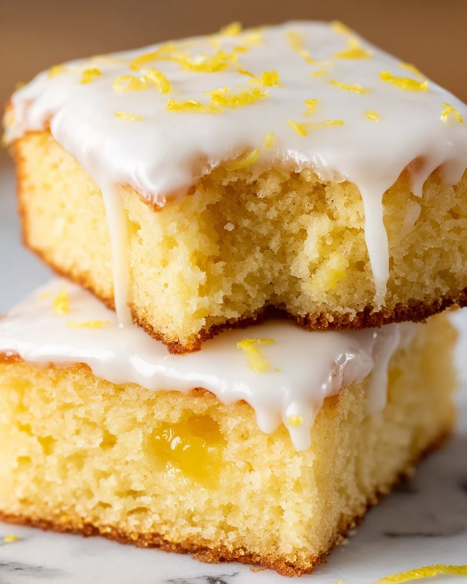 Two square pieces of yellow cake stacked on top of each other on a white marbled surface, each cake piece has a smooth layer of white icing on top that drips slightly down the sides, with small bits of yellow zest sprinkled on the icing. The top cake piece has a bite taken out of it, showing its soft and fluffy texture inside, and the bottom piece has a visible layer of light yellow filling near its bottom edge. photo taken with an iphone --ar 4:5 --v 7