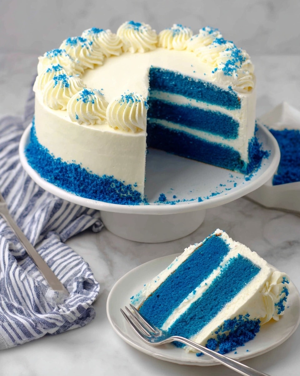 This image shows a three-layer cake with bright blue sponge layers separated by smooth white cream layers. The outside of the cake is covered in white frosting with a circle of blue crumbs on top and around the base. The top edge is decorated with evenly spaced white frosting swirls. A slice is cut and placed on a white plate in front of the cake, showing the blue and white layers clearly. The cake is on a white cake stand set on a white marbled surface with a striped cloth nearby. A silver fork lies next to the plate. photo taken with an iphone --ar 4:5 --v 7