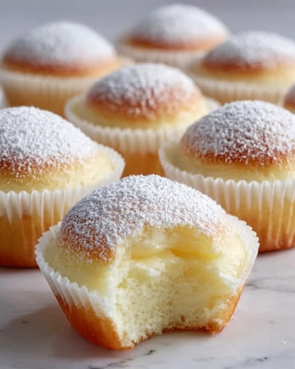 The image shows several soft cupcakes in white paper liners placed on a white marbled surface. Each cupcake has a light golden-brown top dusted gently with white powdered sugar. The texture on top is smooth and slightly domed, while one cupcake in the front has a small bite taken out, showing a creamy, pale yellow filling inside. The overall look is soft and airy with a mix of light cream and golden tones. Photo taken with an iphone --ar 4:5 --v 7
