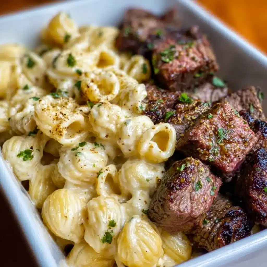 Steak Bites and Shell Pasta in Garlic Butter Alfredo Sauce Recipe