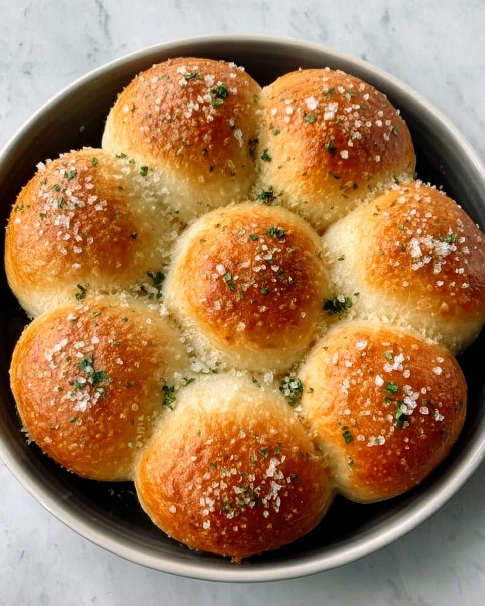 The image shows a round white plate with eight golden brown dinner rolls arranged close together in a circle. The rolls have a soft, shiny crust and are sprinkled with coarse salt and small green herb bits on top. The texture looks fluffy and light. The white marbled surface is underneath the plate. photo taken with an iphone --ar 4:5 --v 7