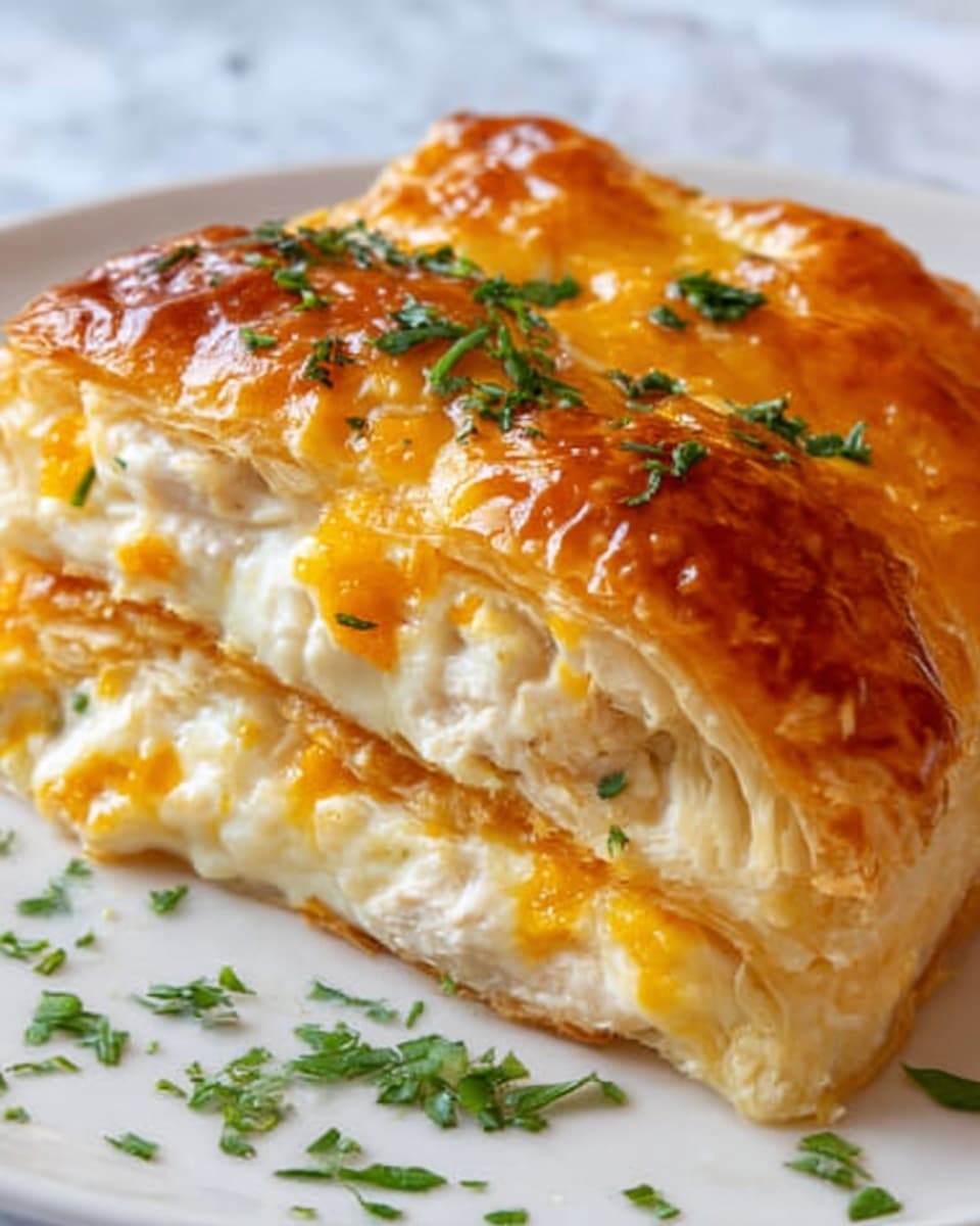 The image shows a close-up of a baked dish featuring three layers of golden-brown puff pastry filled with creamy white chicken and small bright orange cheese pieces inside. The top layer of pastry is crisp and shiny with melted cheese that has browned slightly, and bits of green herbs are sprinkled over the surface and scattered around on the white plate. The background is a white marbled texture. Photo taken with an iphone --ar 4:5 --v 7
