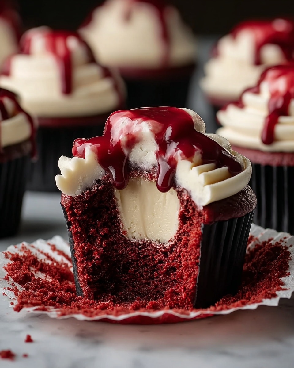 A close-up of a red velvet cupcake with four main layers: a deep red crumb base that looks soft and moist, a smooth light pink cream cheese filling hidden inside the cake, a thick swirl of creamy white frosting on top, and bright red glossy sauce dripping down over the frosting and sides. The cupcake liner is opened and separates from the cake, showing crumbs scattered around. In the background, several unfrosted cupcakes with the same layers are softly blurred. The whole scene is set on a dark surface with rich colors making the cupcake layers stand out. photo taken with an iphone --ar 4:5 --v 7