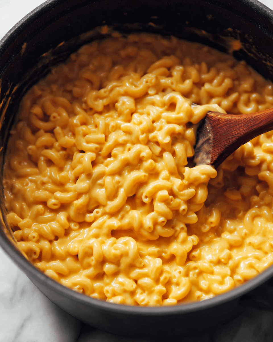 A close-up image of creamy macaroni and cheese in a black pot, showing a thick, smooth, orange-yellow cheese sauce coating small, elbow-shaped pasta evenly. A wooden spoon is stirring the pasta from the right side, lifting a portion to display the gooey texture and slight steam. The background is a white marbled texture, and a dark cloth is partially visible in the lower right corner. photo taken with an iphone --ar 4:5 --v 7