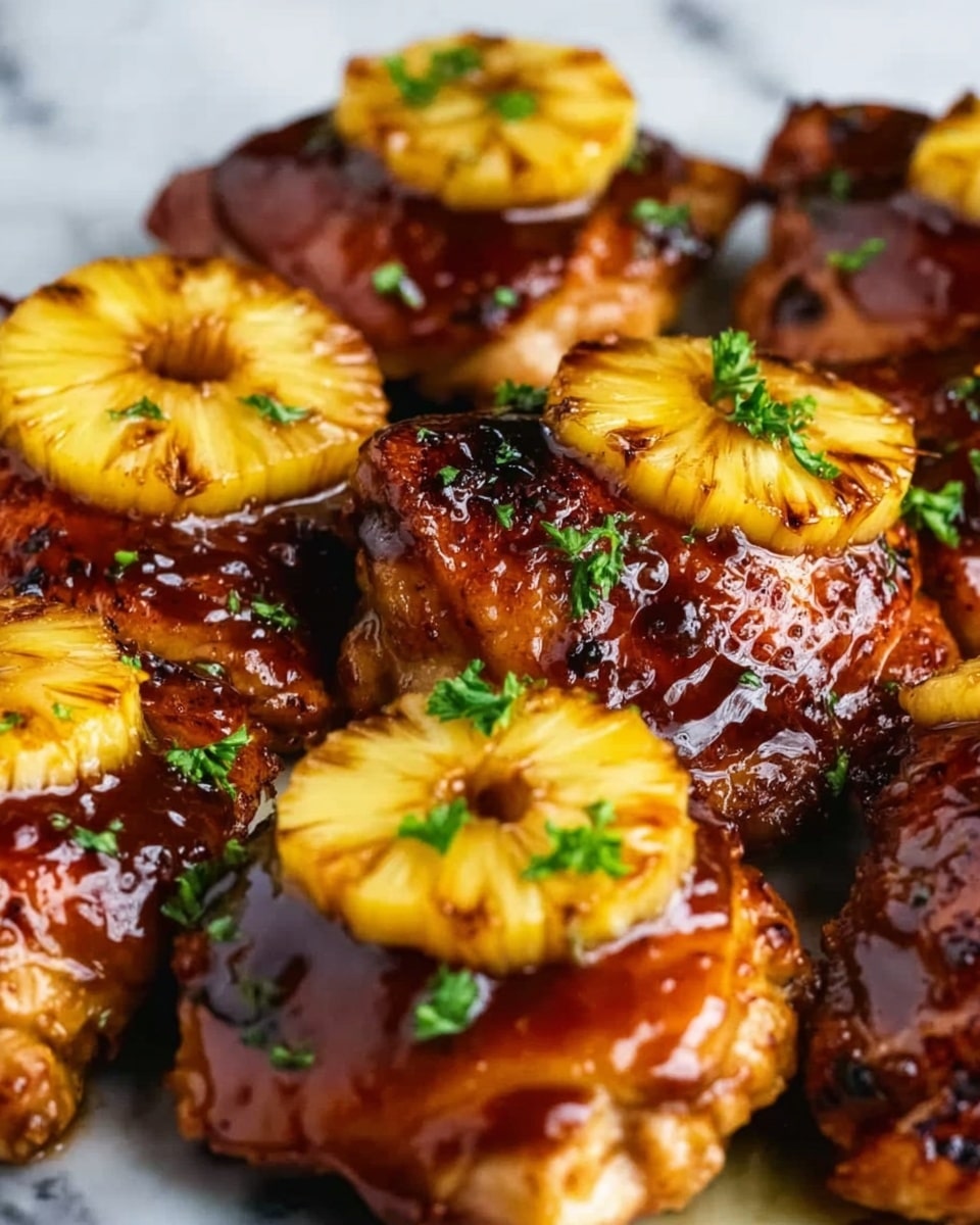 The image shows several pieces of grilled chicken layered with a shiny, sticky dark brown glaze, giving the chicken a caramelized look. Each piece is topped with a bright yellow grilled pineapple ring that has light char marks. Small green herb leaves are scattered on the glaze-covered chicken, adding fresh color contrast. The dish is placed on a white marbled surface, with the warm colors of the chicken and pineapple looking very appetizing. Photo taken with an iphone --ar 4:5 --v 7