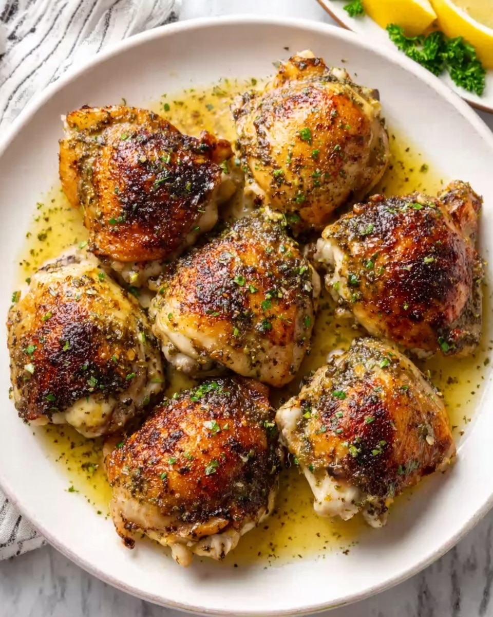 The dish shows seven roasted chicken thighs placed closely together on a round white plate. The chicken skin is golden brown with a crispy texture, speckled with black pepper and herbs. The thighs sit in a shallow pool of light golden sauce that looks oily and flavorful. Small green herbs are sprinkled on top and around the chicken, adding a hint of color. The plate is on a white marbled surface, and in the top right corner, a partial view of lemon wedges and green herbs on another white plate is visible. Photo taken with an iphone --ar 4:5 --v 7