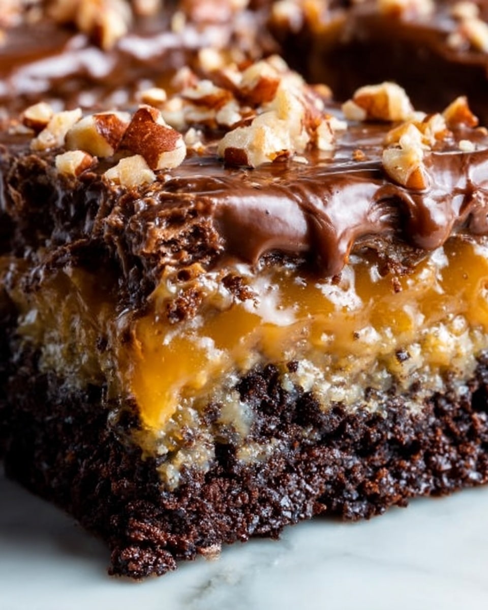The image shows a close-up of a multi-layered dessert bar with three distinct layers. The bottom layer is dark brown with a crumbly, dense texture, likely a chocolate crust. Above it is a thick, golden caramel layer that looks smooth and glossy. The top layer is a shiny chocolate coating dripping slightly over the caramel, sprinkled with chopped nuts adding a crunchy texture. The background is a white marbled surface, and no plate is visible. photo taken with an iphone --ar 4:5 --v 7