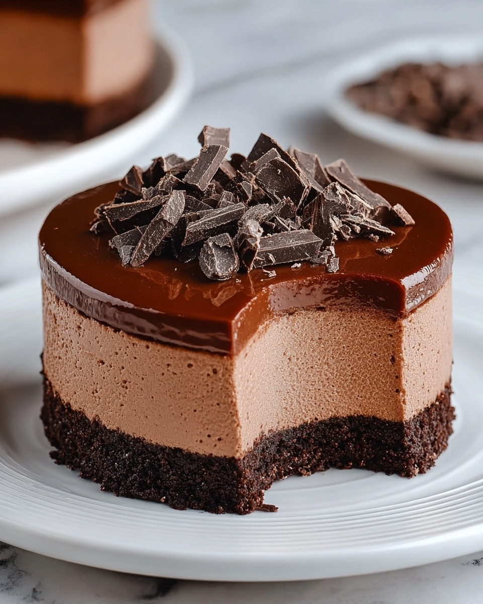 A small, round chocolate mousse cake with three clear layers sits on a white plate: the bottom layer is a dark, crumbly cookie crust; the middle layer is a smooth, light brown mousse with tiny air bubbles inside, showing a creamy texture; the top layer is a shiny, dark chocolate glaze that reflects light, and it is garnished with a small pile of irregular, chunky dark chocolate shavings in the center; some crumbs are scattered around the cake on the plate; the background is a white marbled surface with blurred larger pieces of the same cake visible; photo taken with an iphone --ar 4:5 --v 7