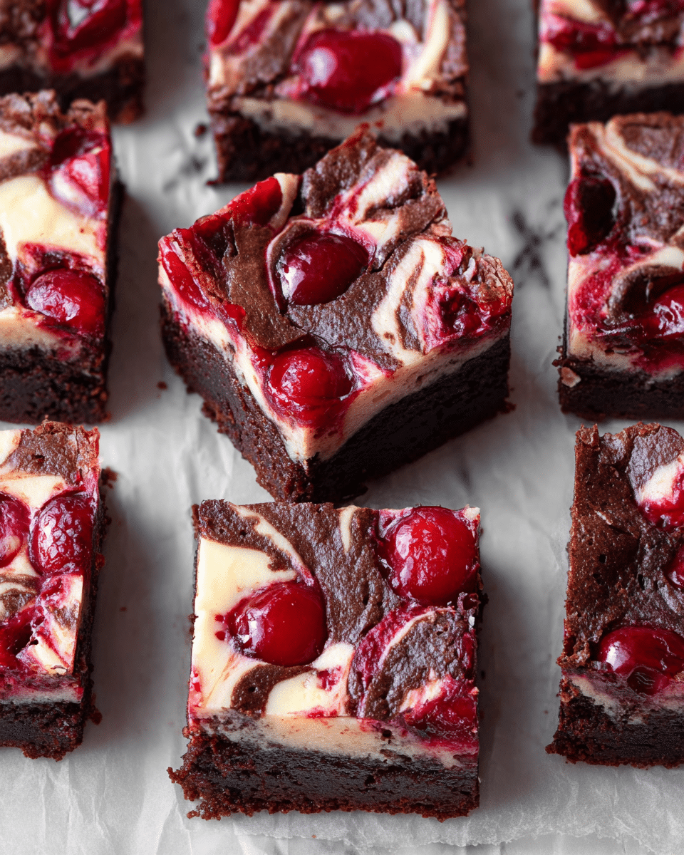 The image shows several square brownies laid out closely on white parchment paper over a rack, set on a white marbled surface. Each brownie has three visible layers: a dark brown chocolate base layer with a soft, dense texture, a creamy white layer swirled unevenly with a deep red cherry sauce on top. The cherry sauce is glossy and thick, creating bright red and darker maroon streaks mixed with the creamy white swirls, giving each piece a marbled look. Some pieces show whole or partial cherries embedded in the top layer. The brownies have slightly rough edges and moist-looking tops. photo taken with an iphone --ar 4:5 --v 7
