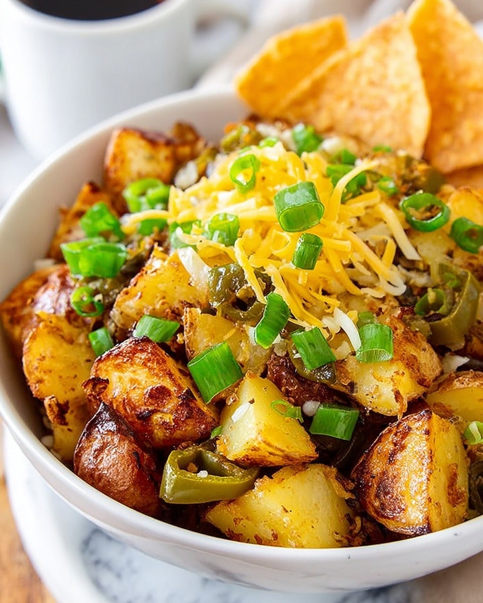 A white bowl filled with chunky, golden-brown roasted potato pieces at the bottom, showing a mix of crispy edges and soft centers. Above the potatoes are small bits of green bell peppers mixed in, adding patches of dark green color and a slightly glossy texture. On top of this is a layer of shredded cheese, mostly yellow with some white strands, looking fresh and slightly soft. Scattered over the cheese and potatoes are thinly sliced bright green scallions, adding a fresh green accent. In the background, some yellow tortilla chips and a small amount of red salsa can be seen inside the bowl. The bowl is placed on a white marbled surface. Photo taken with an iphone --ar 4:5 --v 7
