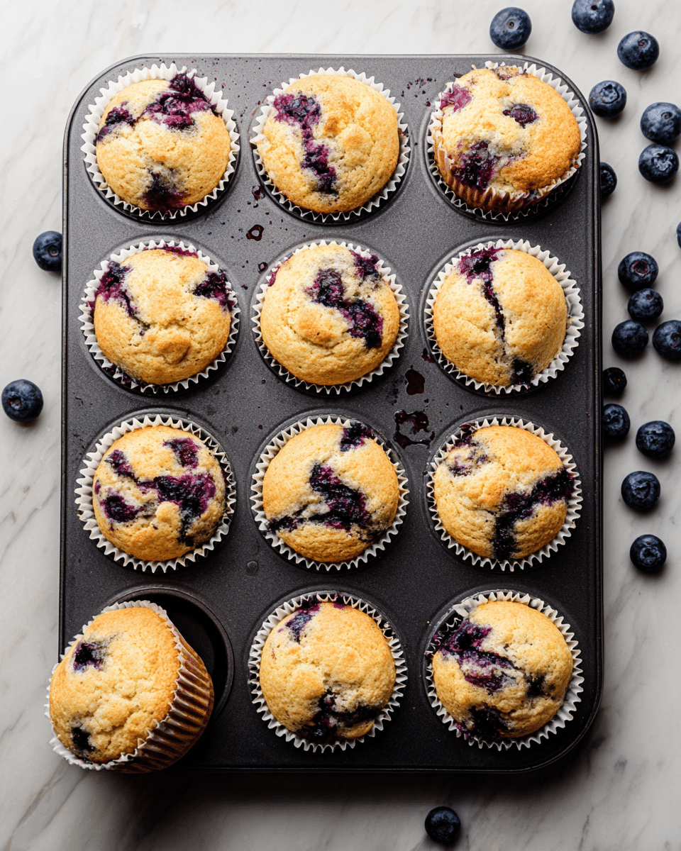 A metal muffin tray holds twelve golden brown blueberry muffins, each in a white paper liner. The muffins have a soft, slightly cracked top with visible deep purple blueberry spills creating a marbled effect on the surface. Some muffins show blueberry juice splattered on the tray, enhancing the natural look. Scattered around the tray on a white marbled surface are fresh, round blueberries, adding a touch of dark blue contrast to the warm tones of the baked muffins. photo taken with an iphone --ar 4:5 --v 7