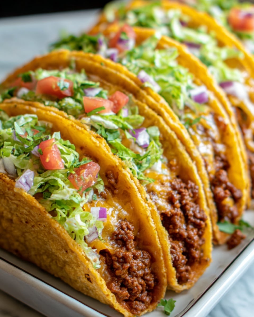 The image shows a row of seven golden yellow tacos lined up closely on a white dish, placed on a white marble surface. Each taco shell is crispy and slightly browned, filled generously with rich brown ground meat at the bottom layer, topped with melted pale yellow cheese. On top of the cheese, there is a fresh layer of finely chopped green lettuce and small red tomato pieces scattered evenly. Tiny bits of purple onion and green cilantro leaves add more color and texture to the filling. The tacos are slightly open, showing the layers inside clearly. Photo taken with an iphone --ar 4:5 --v 7