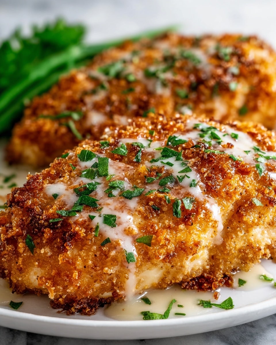 The image shows two pieces of golden-brown crispy chicken breast with a crunchy texture on top, sprinkled with small green herb leaves like chopped parsley. The chicken is placed on a white plate with a few bright green asparagus spears in the back, adding a fresh color contrast. The plate sits on a white marbled surface that softly reflects light, enhancing the food's warm and appetizing look. photo taken with an iphone --ar 4:5 --v 7