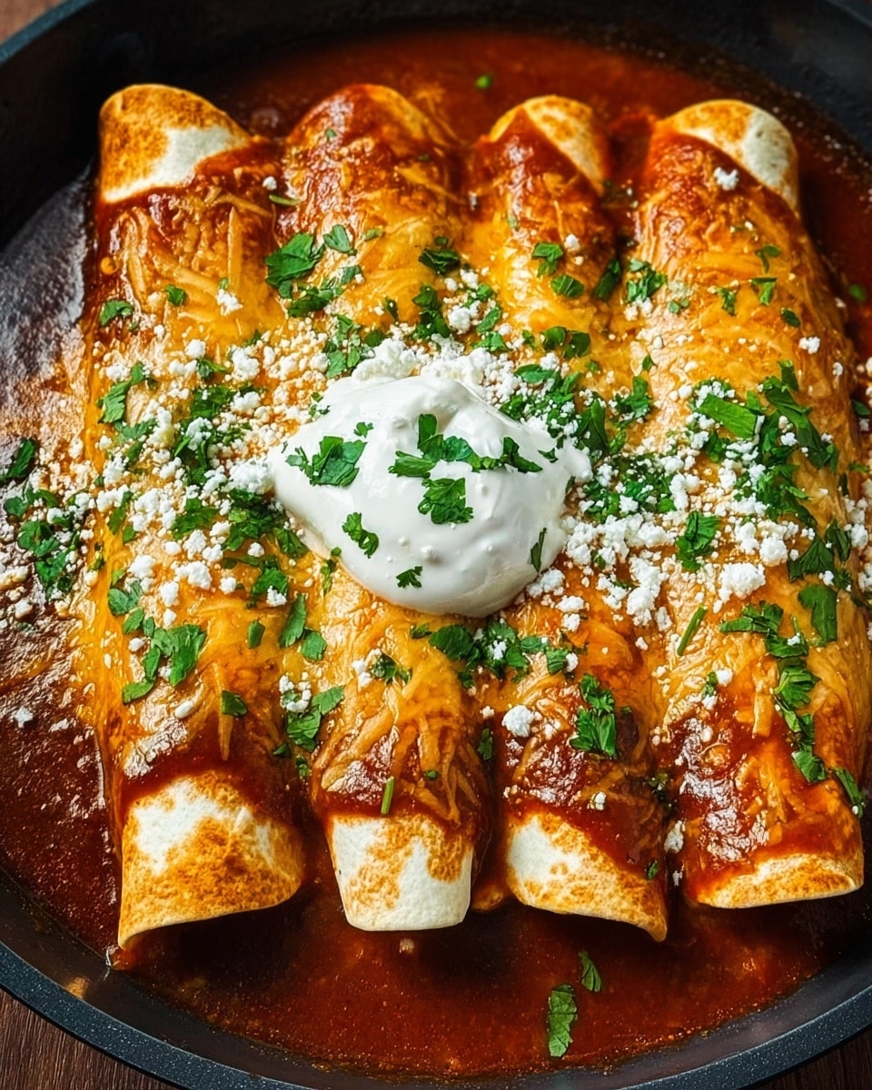 The image shows four rolled tortillas placed side by side in a round black pan. Each tortilla is covered with melted yellow cheese and a reddish-brown sauce pooling around the edges. On top of the tortillas, there are small green herb leaves scattered, adding a fresh color contrast. In the center of the tortillas, there is a generous dollop of white sour cream topped with more fresh green herbs. The dish looks warm, cheesy, and saucy with a rustic and appetizing look. photo taken with an iphone --ar 4:5 --v 7
