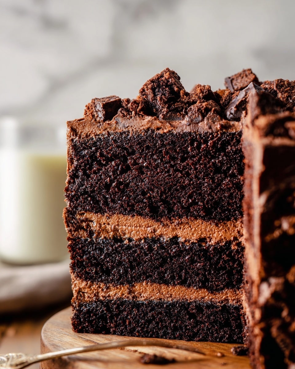 A close-up view of a rich chocolate cake with three thick dark brown layers filled with smooth, lighter brown chocolate frosting between each layer, sitting on a wooden board. On top, there are multiple pieces of chocolate brownies with darker and slightly cracked tops. The cake is set against a white marbled texture background, with a glass of white milk visible behind it on the left side. The textures of the cake show moist crumbs and creamy frosting. Photo taken with an iphone --ar 4:5 --v 7