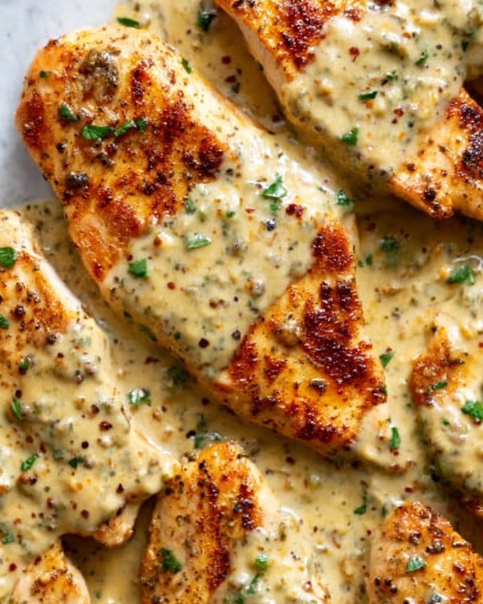 The image shows several pieces of cooked chicken breast with a golden brown crust, covered in a creamy beige sauce with visible pepper and herb specks. Small bits of green herbs are sprinkled on top of the chicken and sauce, adding a fresh touch. The chicken pieces are arranged closely together on a white surface with a white marbled texture. The sauce’s smooth and slightly thick texture covers the chicken unevenly, highlighting the grilled marks and seared edges of the meat. photo taken with an iphone --ar 4:5 --v 7