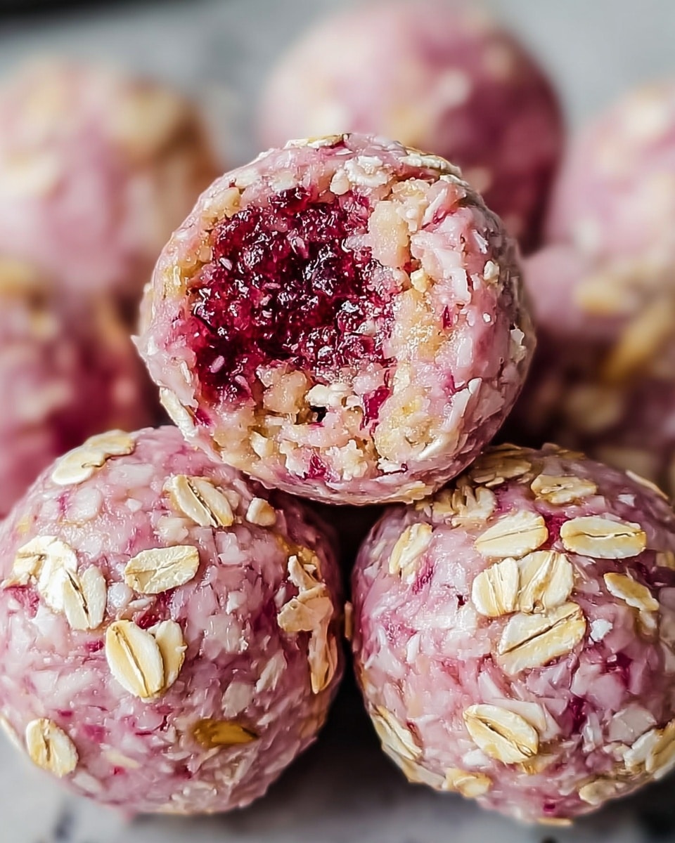 The image shows several round pink balls of a dessert or snack, each coated with rolled oats scattered on the surface. The pink texture looks soft and slightly crumbly, with one ball being held up showing a rough center filled with a deeper red, jam-like filling. The balls are tightly packed together on a surface that appears white with a marbled texture. photo taken with an iphone --ar 4:5 --v 7