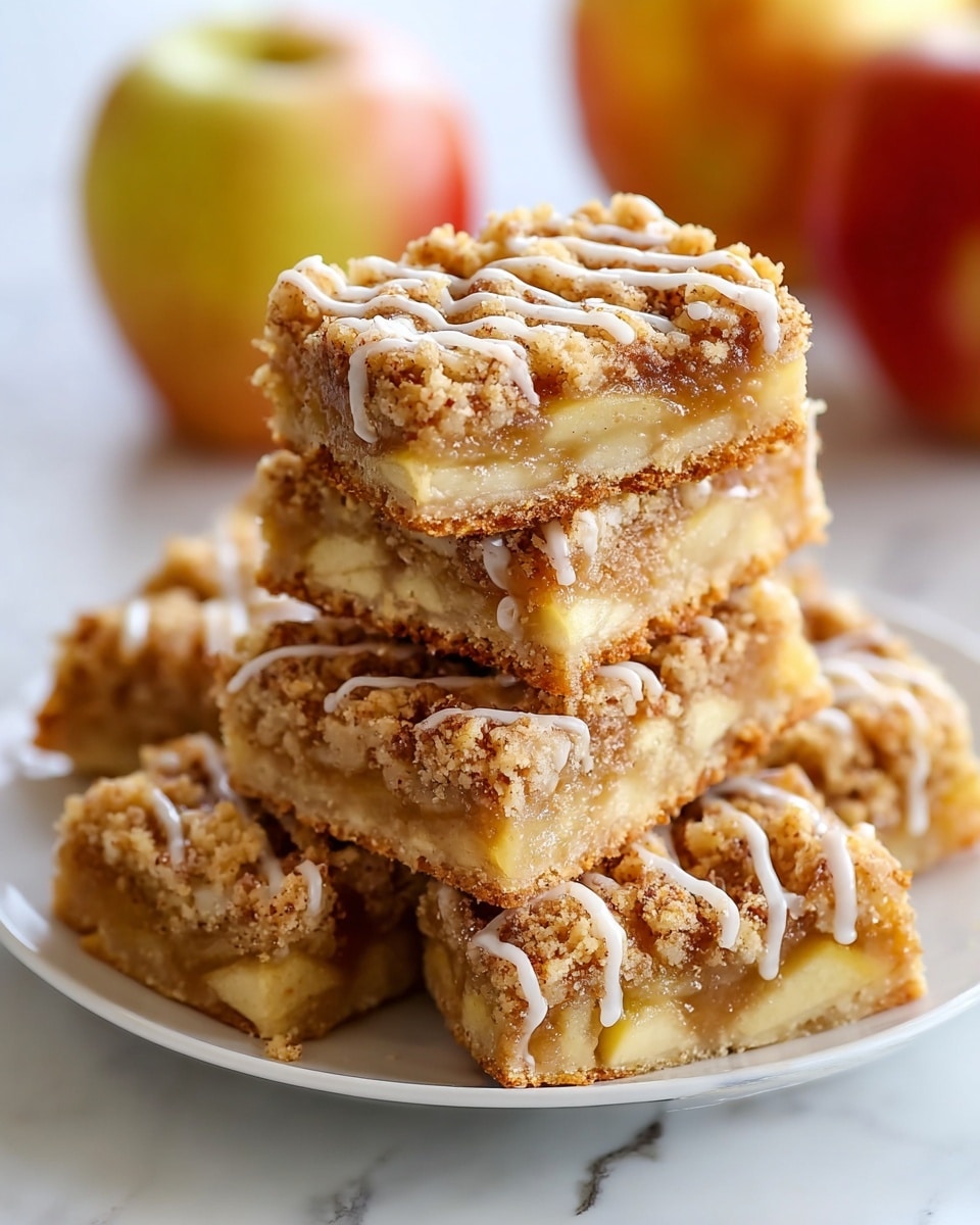 A stack of six square apple crumb bars sits on a white plate on a white marbled surface. Each bar has three layers: the bottom is a golden, crumbly crust, the middle is filled with soft, pale yellow apple slices mixed with cinnamon-spiced syrup, and the top is a crunchy, crumbly layer sprinkled with cinnamon. The bars are drizzled with thin white icing lines across the top, adding a shiny and sweet touch. Blurred apples in the background add warmth and color contrast. Photo taken with an iphone --ar 4:5 --v 7