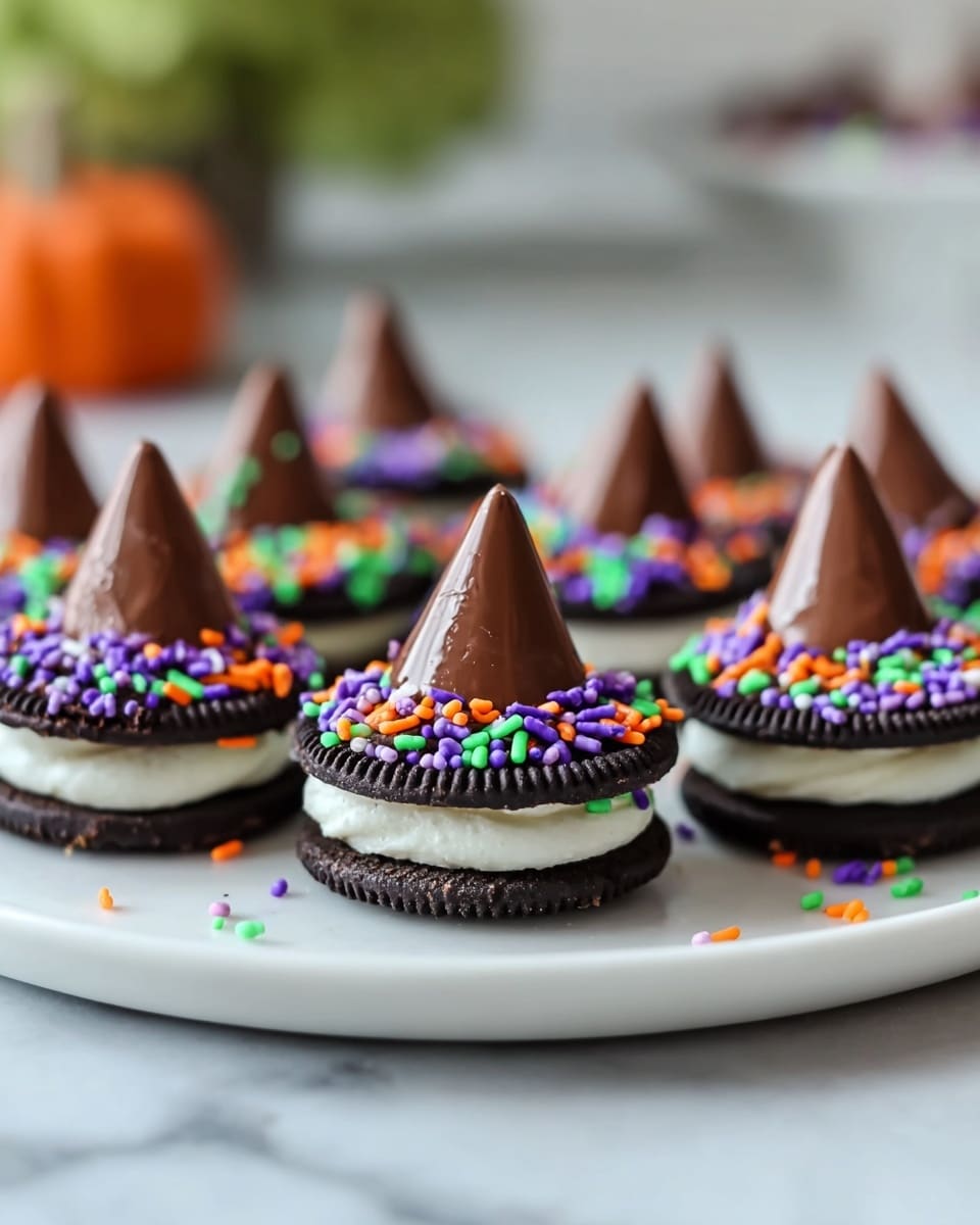The image shows a close-up of several dark chocolate sandwich cookies laid out on a white plate on a white marbled surface. Each cookie has three layers: a bottom dark chocolate cookie, a middle white cream filling, and a top dark chocolate cookie layer covered with a smooth layer of milk chocolate. On top of each cookie is a pointed milk chocolate piece placed in the center. Around the base of the pointed chocolate are colorful sprinkles in orange, purple, green, and white, adding a festive look. The background is softly blurred with hints of green and white, suggesting a vase with flowers. Photo taken with an iphone --ar 4:5 --v 7