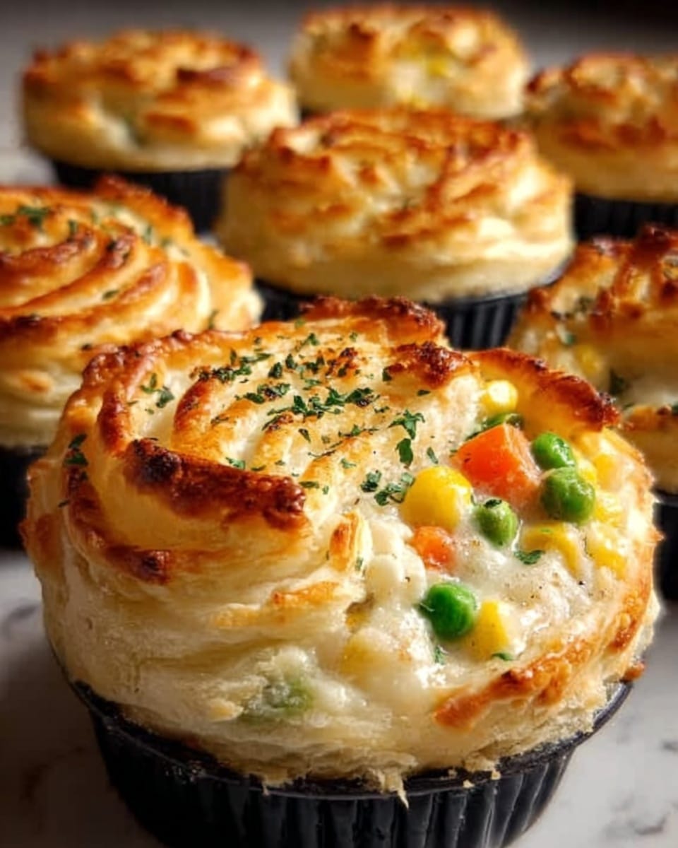 The image shows small round pies in black baking cups on a white marbled surface. Each pie has a flaky golden crust with several thin layers visible around the edges. The top layer is creamy white mashed potatoes, lightly browned and textured with small ridges. Inside the pies, colorful vegetables like orange carrots, yellow corn, and green peas are seen mixed in a smooth white sauce. Some pies have a sprinkle of green herbs on top, and the lighting highlights the warm, fresh-baked look. photo taken with an iphone --ar 4:5 --v 7