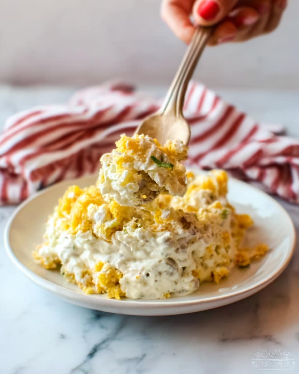 The image shows a close-up of a white plate filled with a creamy layered dish. The bottom layer consists of soft, yellow, crumbly pieces. Above that is a thick, white creamy mixture with visible small chunks and green bits mixed in. A silver fork held by a woman's hand is lifting a bite from the plate, showing the creamy texture and some yellow crumbs sticking to it. The plate rests on a white marbled surface with a hint of a red and white striped cloth under one side. photo taken with an iphone --ar 4:5 --v 7