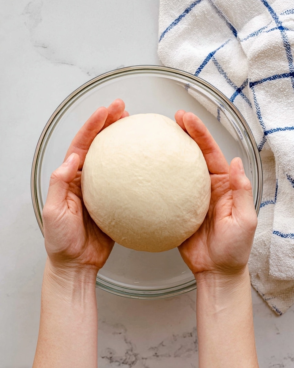 A pair of woman's hands gently holding a smooth, round ball of dough that is pale beige and soft in texture, positioned above a clear glass bowl. The bowl sits on a white marbled surface, and a white towel with blue checkered lines is partially visible in the top right corner. The image shows only one main layer: the dough ball, which is centered, with the hands framing it carefully from below and the sides. photo taken with an iphone --ar 4:5 --v 7