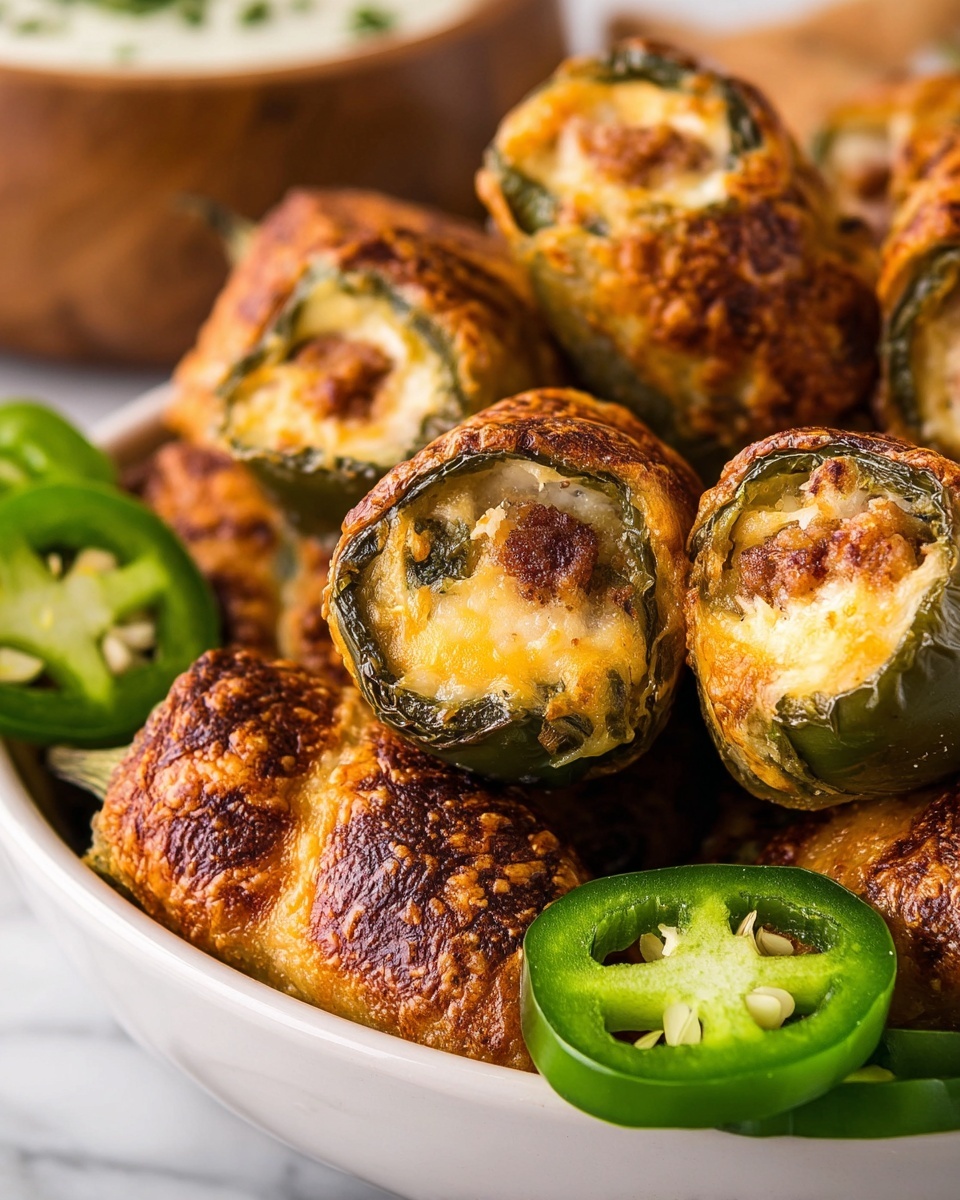 The image shows a white bowl filled with several rolled-up baked snacks that have a golden brown, crispy crust on the outside. Each roll is wrapped around a dark green roasted pepper, which holds a filling of melted and slightly browned cheese with small bits of seasoning visible on top. The texture of the crust looks crunchy and flaky, contrasting with the soft, gooey cheese inside. Around the bowl, there are fresh slices of green jalapeño peppers. The bowl is placed on a white marbled surface. Photo taken with an iphone --ar 4:5 --v 7