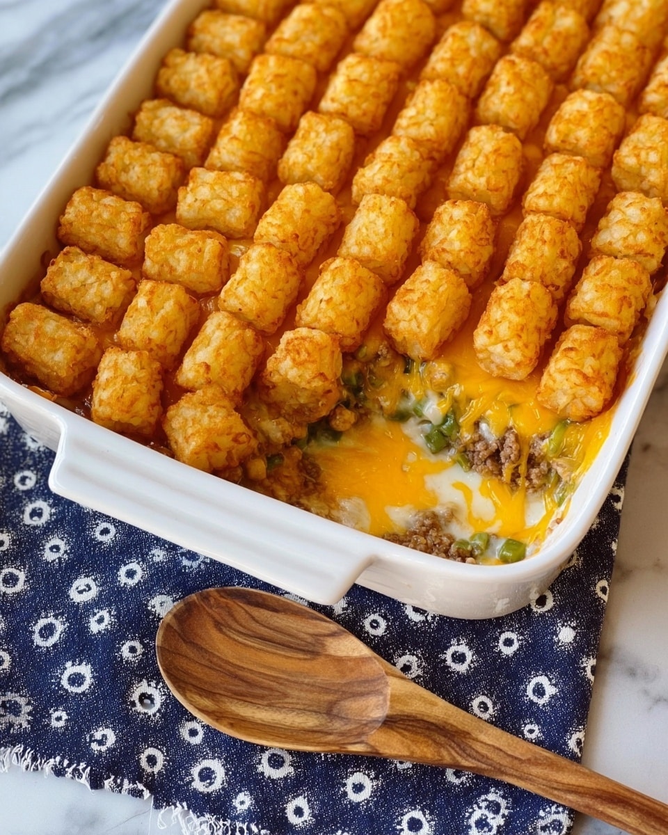 The image shows a white rectangular baking dish filled with a layered tater tot casserole. The top layer consists of evenly arranged golden brown, crispy tater tots in neat rows, covering the entire surface. Beneath the crispy tater tots is a rich layer of melted yellow cheddar cheese oozing slightly where a portion has been scooped out from the corner. Below the cheese, there is a creamy layer mixed with green vegetables and bits of browned ground meat. The casserole rests on a dark blue cloth with white circular patterns, and in front of the dish lies a wooden spoon with a natural grain texture. The background is a white marbled surface. photo taken with an iphone --ar 4:5 --v 7