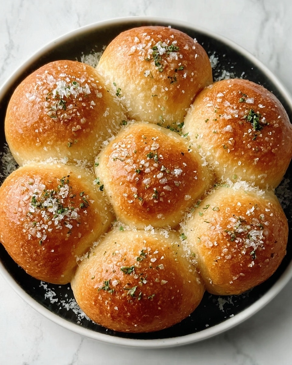 A round white plate holds eight golden brown bread rolls arranged closely in a circular pattern, forming a ring with one roll in the center. Each roll has a slightly shiny, crisp crust with a sprinkle of coarse salt and small green herb flakes on top. The texture of the rolls is soft and fluffy, highlighted by the light reflecting off their smooth surfaces. The white marbled background contrasts with the plate, making the warm colors of the bread stand out. photo taken with an iphone --ar 4:5 --v 7