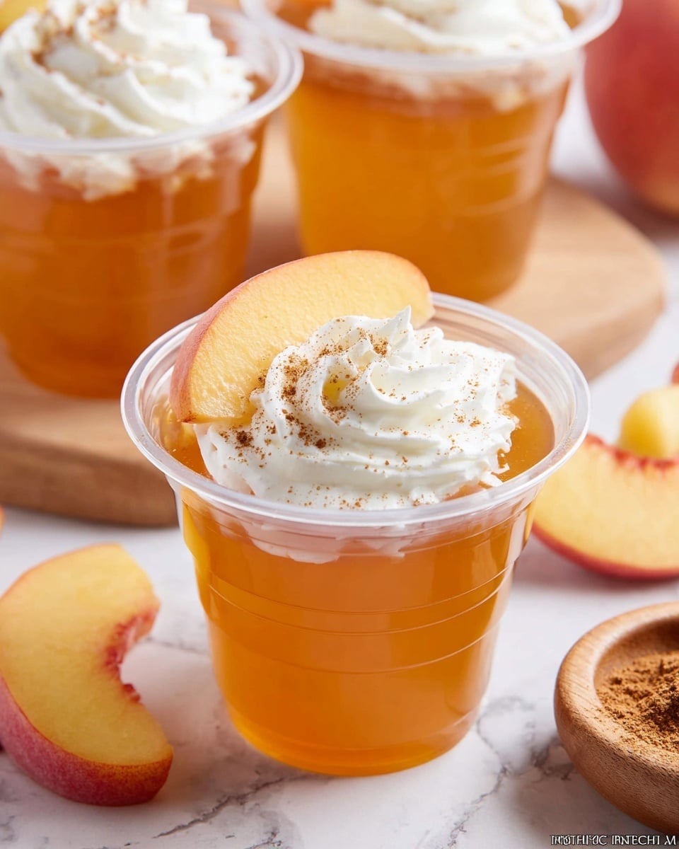 The image shows two small clear plastic cups stacked, each filled with a smooth, light orange gelatin base. On top of the upper cup, there is a swirl of white whipped cream sprinkled with a light dusting of brown cinnamon powder, and a small wedge of peach resting on the whipped cream's edge. The cups are placed on a light wooden board, with blurred slices of peach and more cups of the same dessert visible in the background on a white marbled surface. photo taken with an iphone --ar 4:5 --v 7