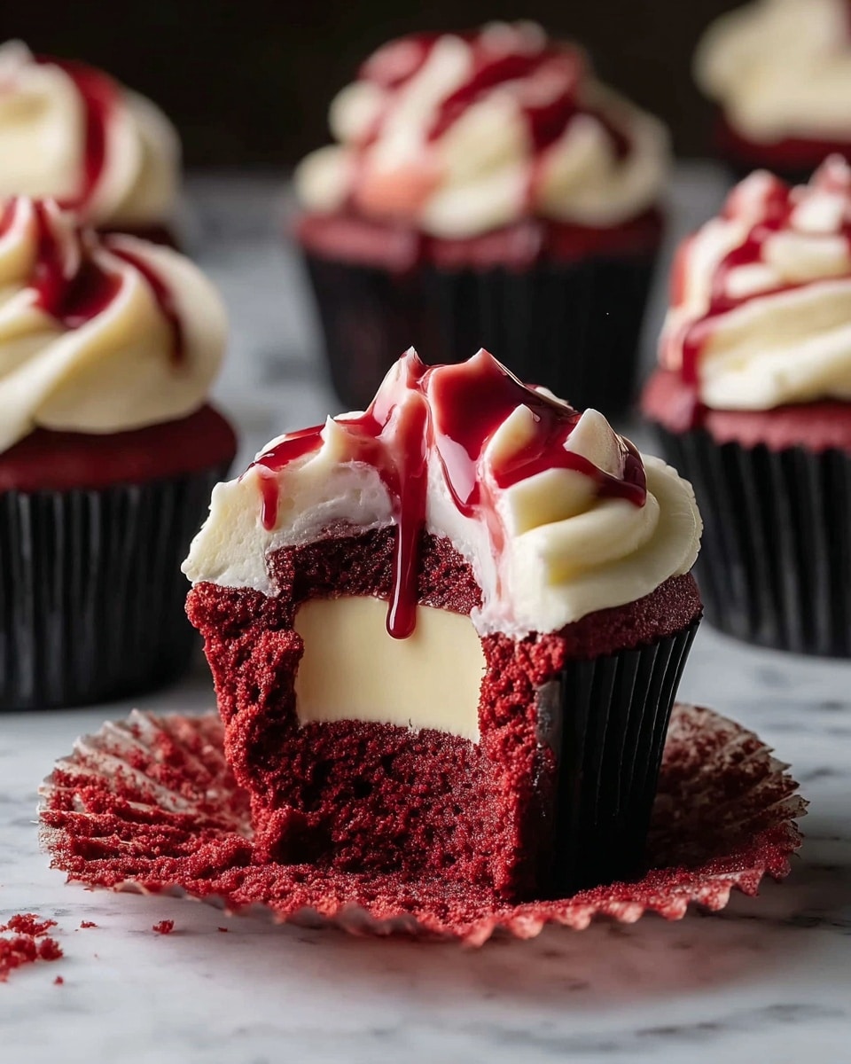 A red velvet cupcake with three layers is shown up close on a white marbled surface. The bottom layer is a deep red, moist cake inside a black paper liner. The middle layer is a smooth, light cream cheese filling visible from a bite taken out of the cupcake. The top layer is thick, white cream cheese frosting swirled on top, covered with glossy dark red berry sauce dripping down the sides. More similar cupcakes with the same layers are blurred in the background. Photo taken with an iphone --ar 4:5 --v 7