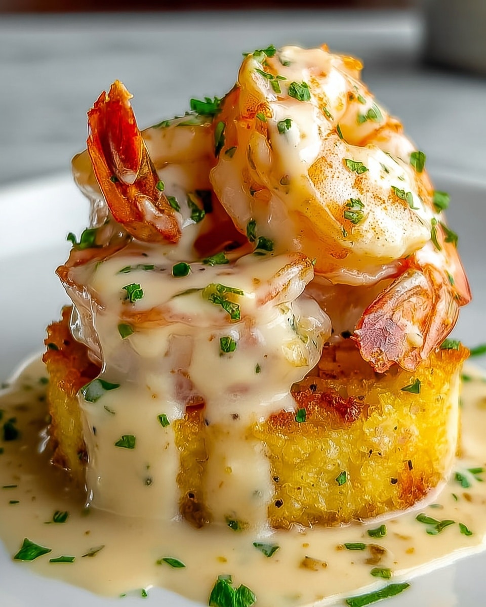 A close-up of a dish with three main layers on a white plate sitting on a white marbled surface; the bottom layer is round and golden yellow with a crispy texture, the middle layer features large pink and orange shrimp with visible tails, and the top layer is creamy white sauce with light brown spices poured over the shrimp and base, garnished with small green herb pieces scattered on and around the dish, creating a rich and glossy look, photo taken with an iphone --ar 4:5 --v 7