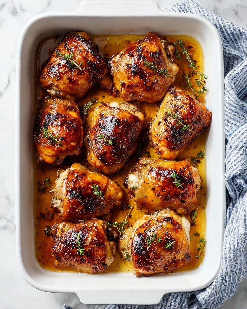A white rectangular baking dish filled with eight roasted chicken thighs arranged in three rows, their skin golden brown with some charred spots and a slightly crispy texture, sitting in an orange-brown oily sauce with herbs scattered on and around the chicken pieces. The baking dish is placed on a white marbled surface with a blue and white striped cloth partially visible on the right side, and a few green herb sprigs scattered around. Photo taken with an iphone --ar 4:5 --v 7