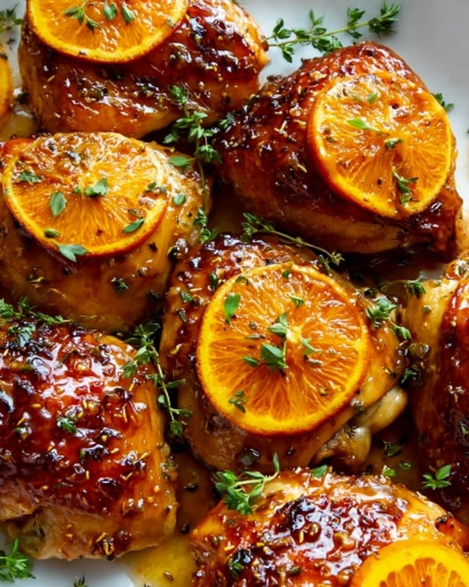 The image shows a close-up of roasted chicken pieces with a shiny, caramelized glaze on the skin, giving it a deep golden brown color with darker, crispy spots. On top of the chicken are thin, bright orange slices that add a fresh and colorful contrast. Small green herb leaves are sprinkled over the chicken, adding a touch of green and freshness. The chicken looks juicy with a textured surface from the cooked glaze and herbs. The background is a white marbled texture. photo taken with an iphone --ar 4:5 --v 7