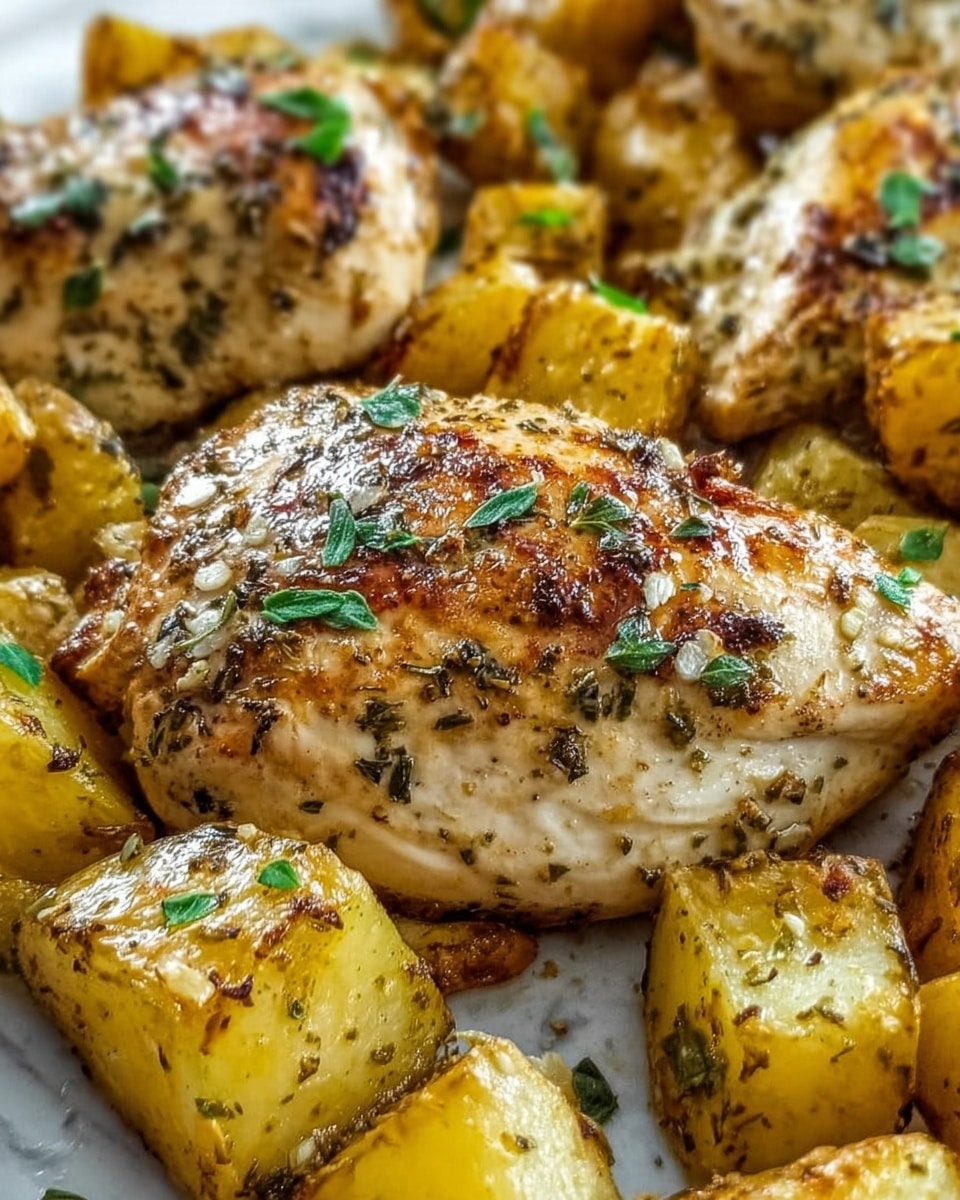 The image shows a close-up view of two pieces of grilled chicken breast with a crispy, golden-brown surface covered in herbs and small bits of cooked garlic, sitting on a white marbled surface. Around the chicken are many pieces of roasted potato wedges, light golden with browned edges, also sprinkled with green parsley leaves, adding freshness to the dish. The texture of the chicken looks tender but well-cooked with visible seasoning, and the potatoes have a soft and crispy look. photo taken with an iphone --ar 4:5 --v 7