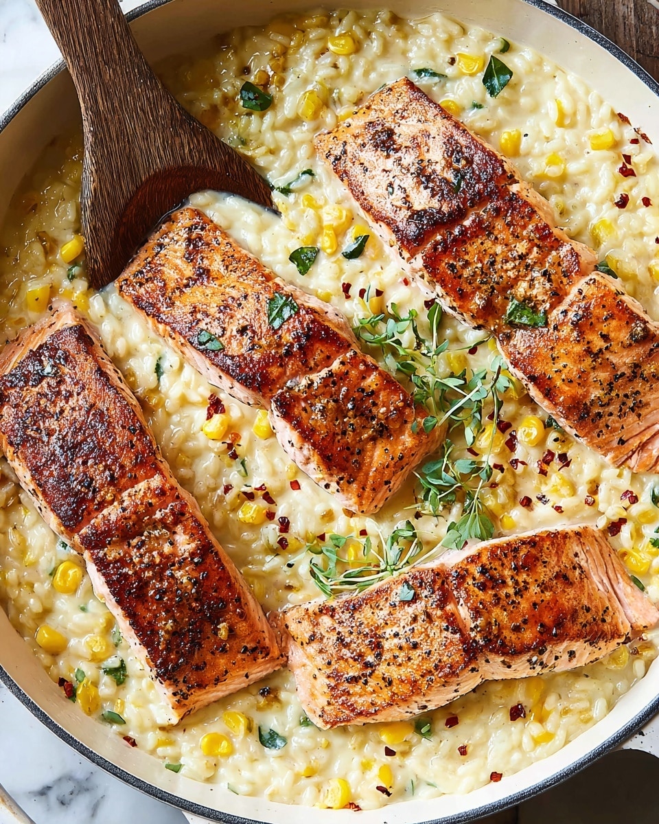 A white pan filled with a creamy, pale yellow risotto mixed with small corn kernels and finely chopped herbs, creating a soft, slightly textured base. On top, four evenly spaced, grilled salmon fillets rest, each with a golden-brown, crispy skin layer that has visible black pepper and seasoning specks. The salmon fillets have a moist, tender inside with light pink tones contrasted by the seared, darker edges. Fresh green herb sprigs and a sprinkle of red chili flakes are scattered lightly around the salmon, adding small pops of color. A wooden spoon is placed inside the pan on the left side, partly submerged in the risotto, adding a rustic touch. The background is a white marbled texture. Photo taken with an iphone --ar 4:5 --v 7