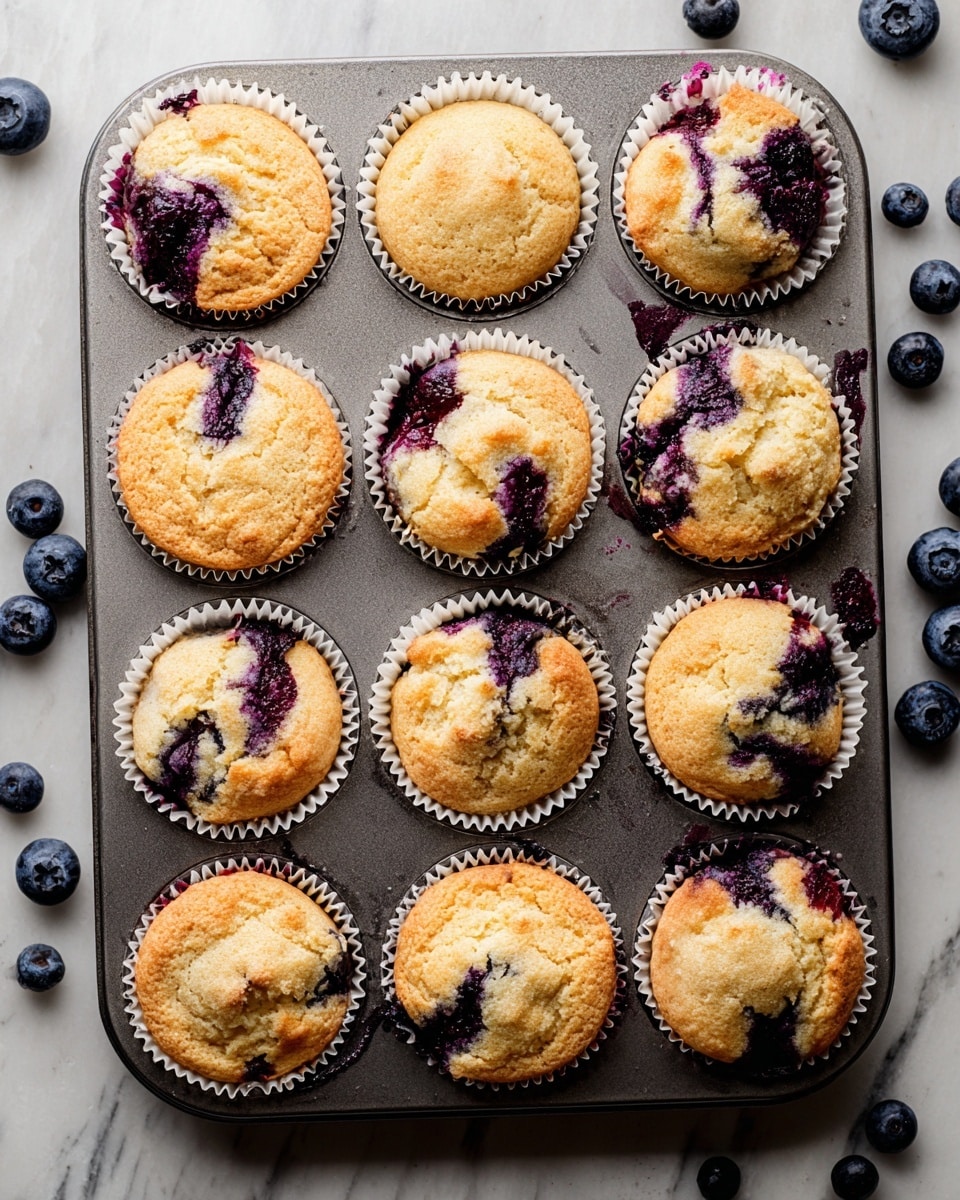A dark metal muffin tray holds twelve golden brown blueberry muffins, each in a white paper liner. The muffins have a slightly cracked top showing deep purple blueberry filling oozing out in places. Fresh blueberries are scattered around the tray, resting on a white marbled surface. The lighting highlights the contrast between the soft texture of the muffins and the shiny blueberries. photo taken with an iphone --ar 4:5 --v 7