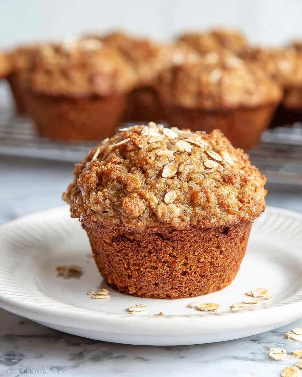 A single brown muffin with a rough texture and oat crumbs on top sits in the middle of a white plate. The muffin has vertical lines on its side from the paper liner and a slightly domed, uneven top covered in oat pieces. The background is softly blurred with yellow shapes, and the plate rests on a white marbled surface. photo taken with an iphone --ar 4:5 --v 7