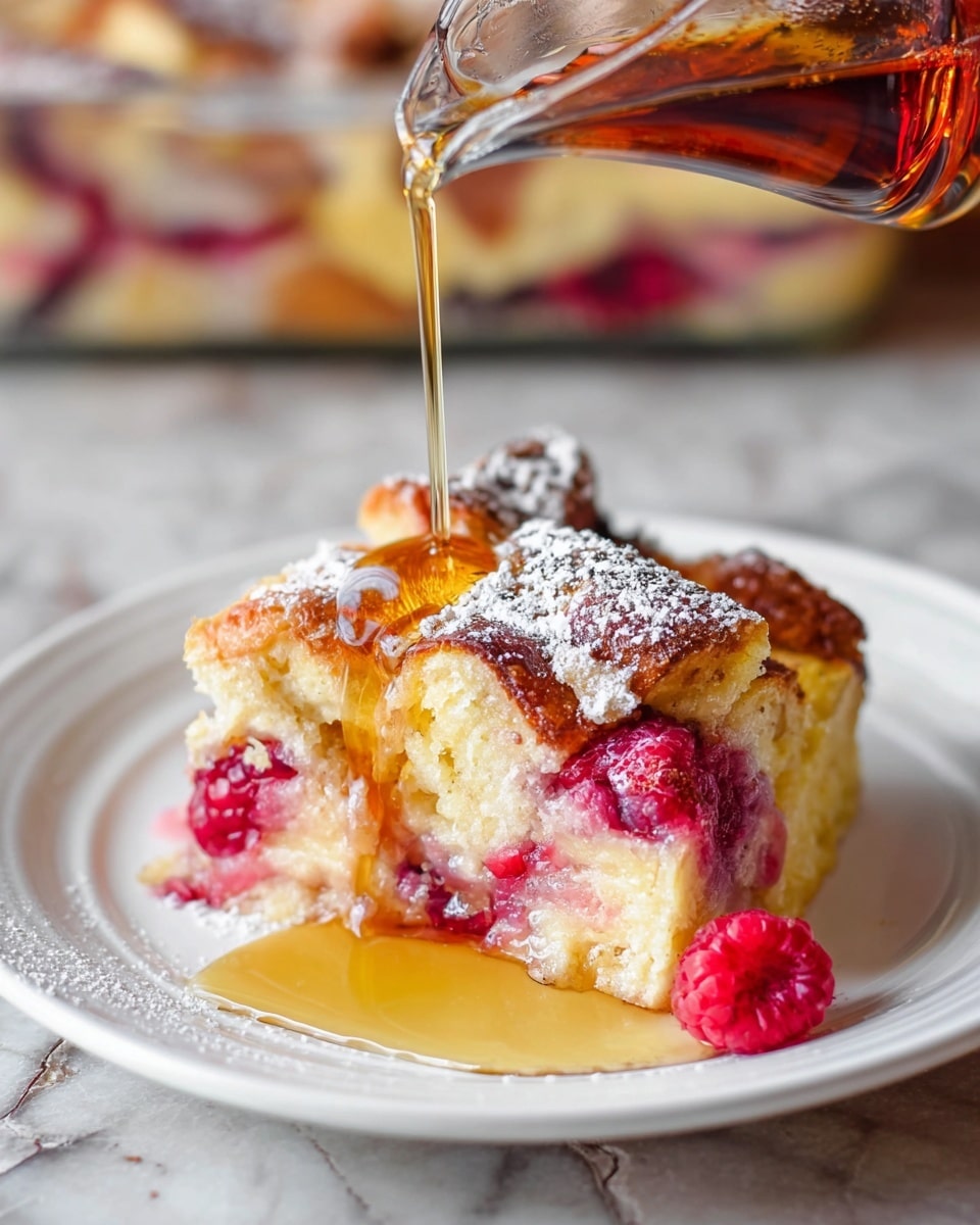 A close-up of a slice of bread pudding on a white plate with a golden-brown crust on top dusted with powdered sugar. The pudding layers include soft, creamy custard intertwined with bright red raspberries, creating a mix of pinkish and yellow tones. Golden syrup is being poured over the top, adding a shiny, sticky texture that drips over the edges and pools slightly on the plate. The background shows a white marbled texture with a glass baking dish filled with more bread pudding slightly out of focus. A woman's hand is holding the syrup bottle. Photo taken with an iphone --ar 4:5 --v 7