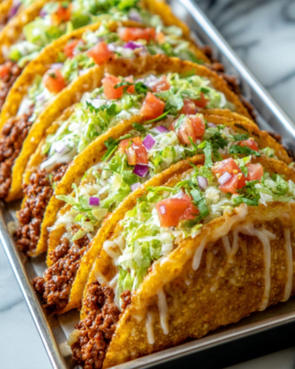 A row of golden yellow tacos with slightly crispy edges is filled with a layer of seasoned brown ground meat at the bottom, topped with melted white cheese that looks soft and gooey. On top of the cheese, there is a fresh layer of finely chopped green lettuce mixed with small diced red tomatoes and bits of purple onion, adding color and texture. The tacos are placed closely together on a white tray, seen from a side angle, with a white marbled surface in the background. photo taken with an iphone --ar 4:5 --v 7