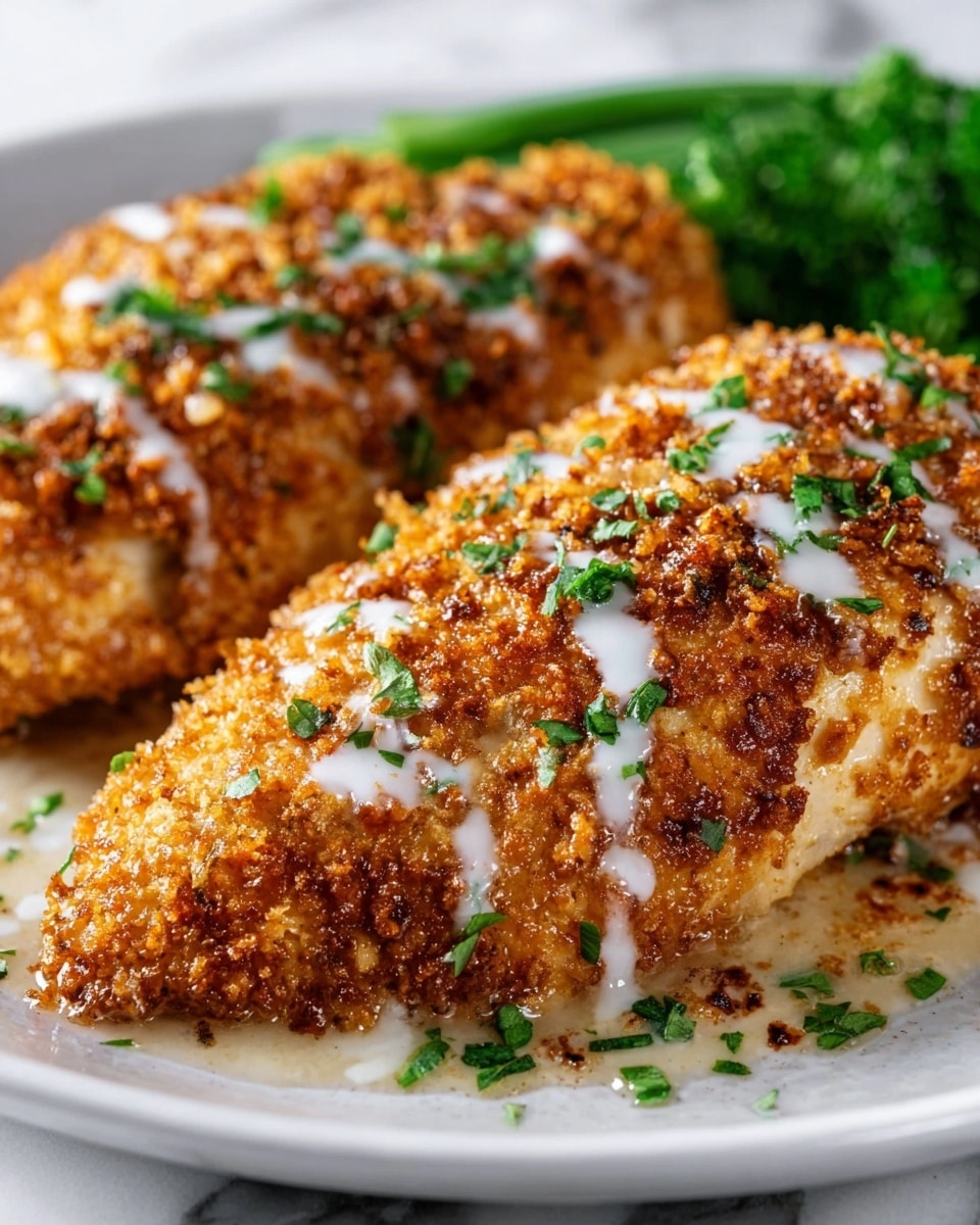 Two pieces of golden brown crispy chicken breasts are placed on a white plate on a white marbled surface. Each chicken piece has a crunchy, textured coating with some finely chopped bright green herbs sprinkled on top. There is a light drizzle of white sauce over the crispy chicken, adding a shiny contrast to the rough crust. In the background, some green vegetables add a splash of fresh color behind the chicken. Photo taken with an iphone --ar 4:5 --v 7