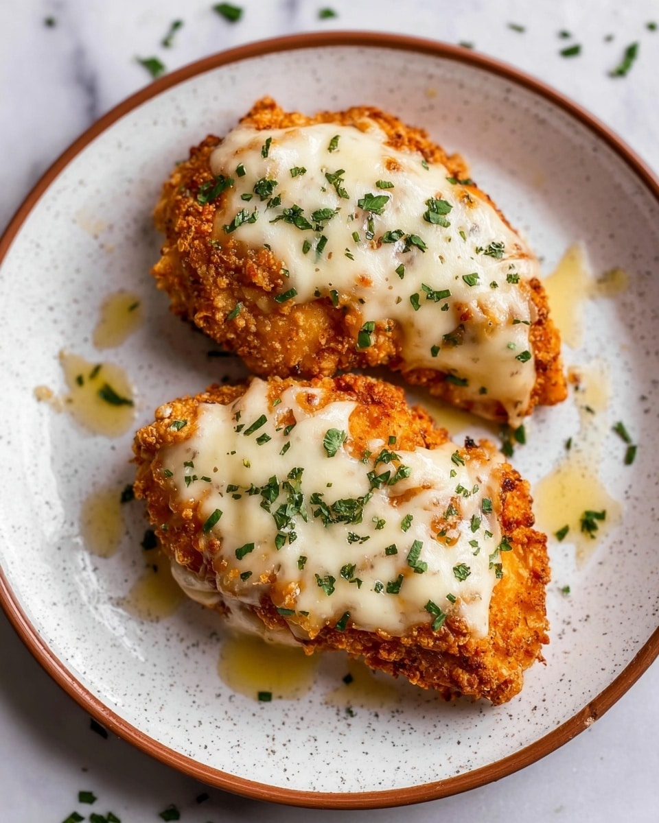 Two pieces of crispy fried chicken breasts are placed side by side on a white speckled plate with a brown rim. Each chicken breast is covered with a thick layer of melted creamy white cheese, which has slightly browned spots, indicating it was baked or broiled. The fried coating is golden orange and crunchy in texture, visible around the edges of the cheese. Small green parsley leaves are sprinkled on top and around the plate, adding a fresh touch. Drops of golden sauce are also drizzled around the chicken. The plate sits on a white marbled surface. photo taken with an iphone --ar 4:5 --v 7