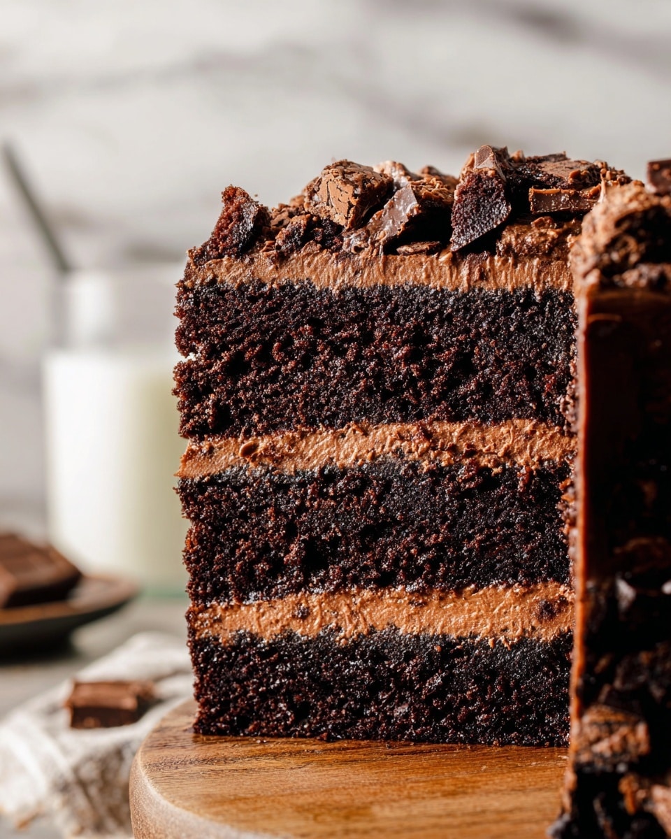 A close-up of a rich chocolate cake with three thick, dark brown, moist cake layers separated by two even layers of lighter brown chocolate frosting, creating a clear striped effect. The top is covered with brownie pieces that have a crinkly texture and chocolate chunks inside, adding an extra layer of depth and crunch. The cake is on a wooden board, set against a blurred white marbled surface, and a glass of milk is partially visible in the background, adding a soft contrast to the deep chocolate colors. The image is sharp, focusing on the cake's crumb and frosting texture. photo taken with an iphone --ar 4:5 --v 7